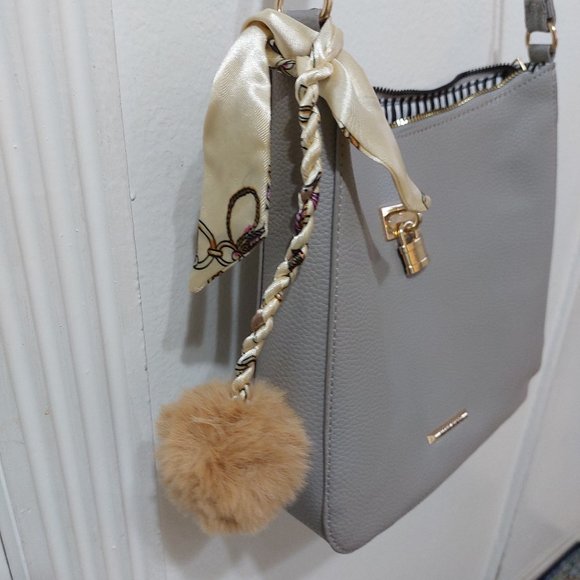 Twilly Scarf & Fur Pom Pom Decor Bag Charm Bag Accessory - Picture 3 of 8